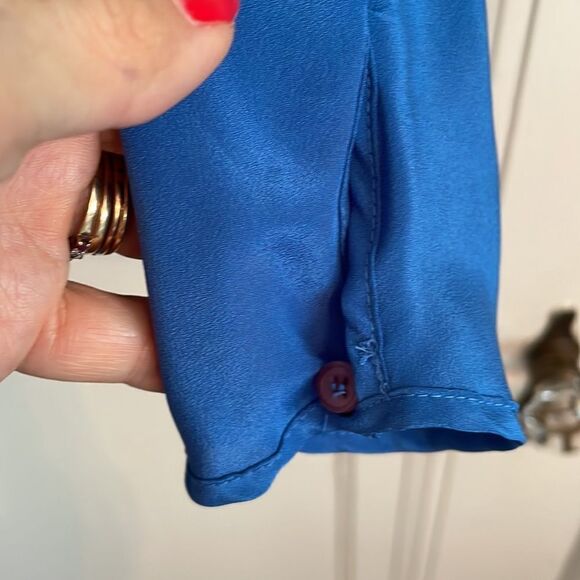 Vintage 80sâroyal blue polyester gathered shoulder long sleeveâblouse - Picture 7 of 9